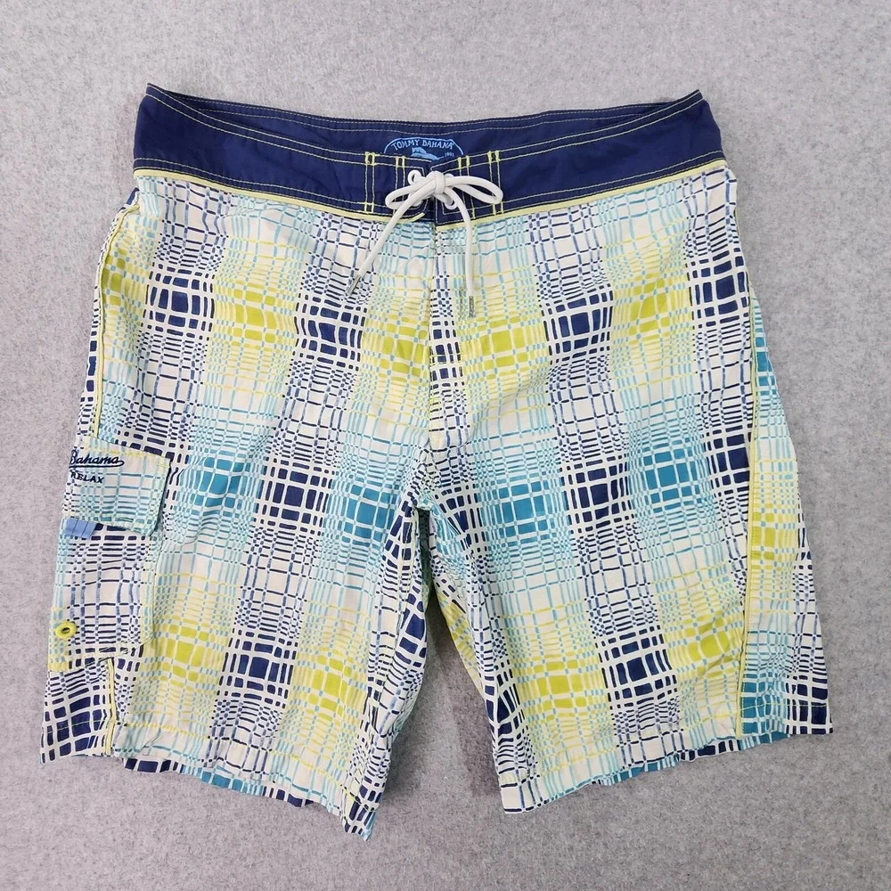 Tommy Bahama Relax Swim Trunks Mens 37x10 Blue Plaid Hawaiian Boardshorts Tag 38